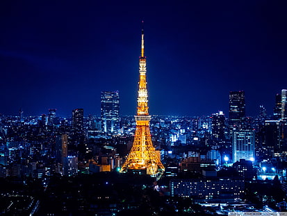 Wieża Eiffla, Japonia, Tokyo Tower, noc, pejzaż miejski, światła, światła miasta, żółty, niebieski, Tapety HD HD wallpaper