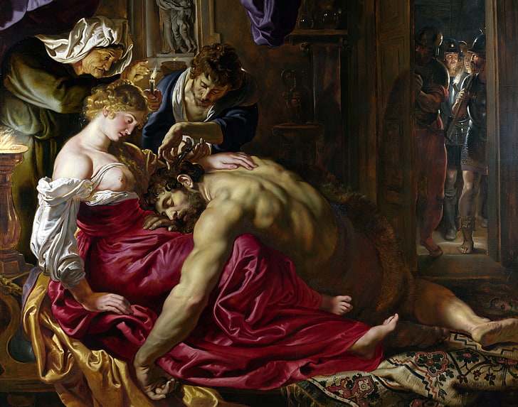 man lies on the lap on woman in red dress painting, picture, Peter Paul Rubens, mythology, Pieter Paul Rubens, Samson and Delilah, HD wallpaper