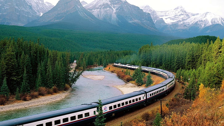 Trem longo Alon um rio no interior, floresta, trem, rive, montanhas, natureza e paisagens, HD papel de parede