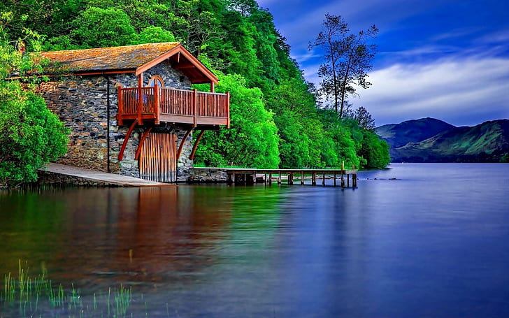 Stone House On The Shore Of The Lake, Wooden Terrace Wooden Dock Port For Boats Green Forest, Lake, Mountains, Sky With White Clouds, HD wallpaper