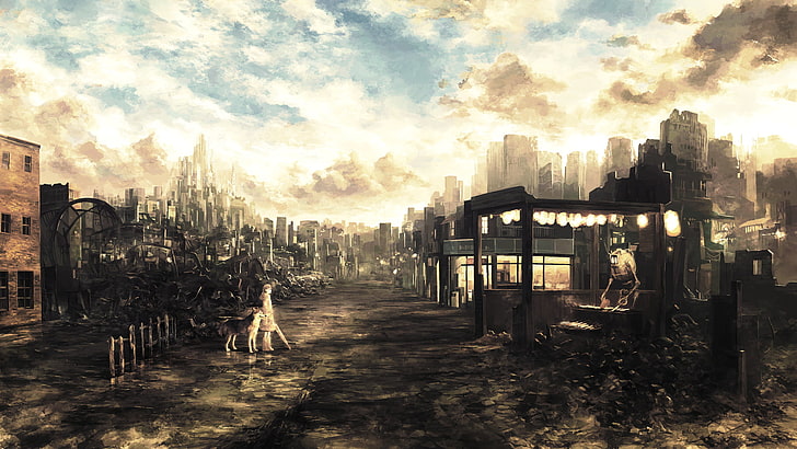tapeta z ruinami struktur, ilustracja opuszczonego miejsca, miasto, ruina, sztuka fantasy, nieużytek, apokaliptyczny, pies, Tapety HD