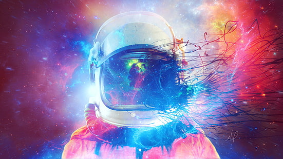 oranye dan hitam Jas astronot, astronot, abstrak, bintang, Wallpaper HD HD wallpaper