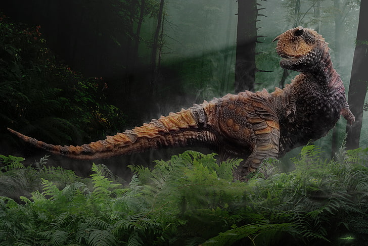 коричневая иллюстрация динозавра, динозавр, трава, деревья, рептилии, мезозойская эра, HD обои