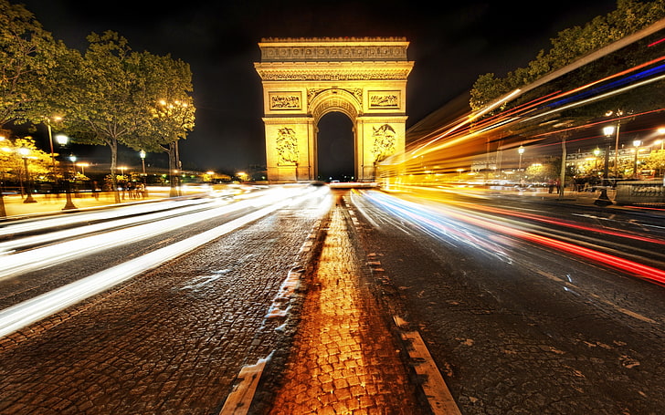 tidsfördröjningsfoto av Triumfbågen, Paris, ljusstigar, Triumfbågen, väg, lång exponering, fotografi, urban, arkitektur, byggnad, stadsbild, stad, Champs-Élysées, HD tapet
