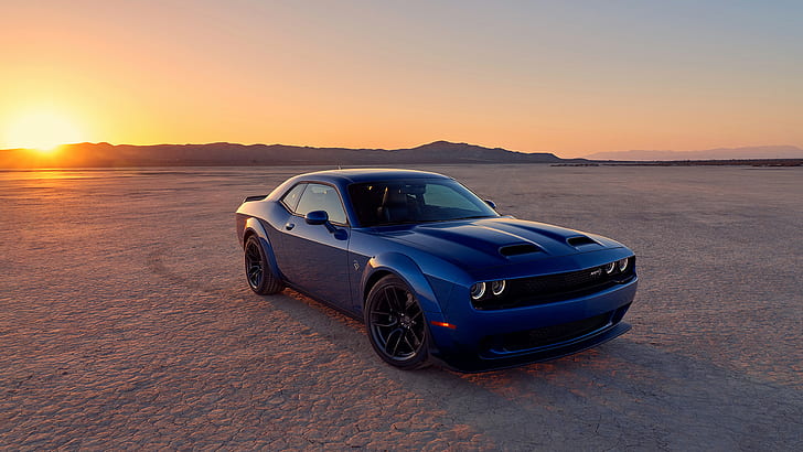 samochód, Dodge, Dodge Challenger, niebieskie samochody, luksusowe samochody, pustynia, zachód słońca, widok z przodu, Tapety HD