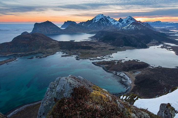 산과 물, 자연, 사진, 풍경, 산, 바다, 해변, 아침, 햇빛, 눈, 봄, Lofoten Islands, 노르웨이의 항공보기 사진, HD 배경 화면