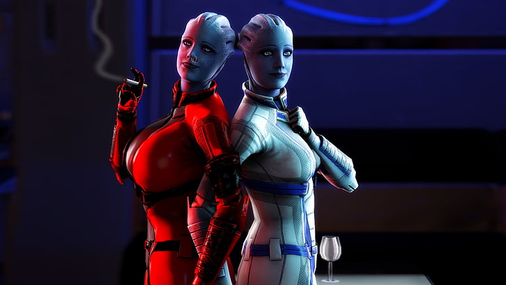zwei Roboter Illustration, Profil von Frau Tapete, Asari, Mass Effect, Rauchen, Videospiele, dicke Titten, Zigaretten, Liara T'Soni, HD-Hintergrundbild