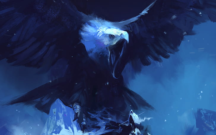 snow, mountains, night, eagle, people, wings, art, Blizzard, giant, the scope, HD wallpaper