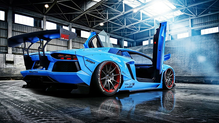 Lamborghini, coche, coche azul, azul, coche deportivo, vehículo, Lamborghini Aventador, superdeportivo, coche de rendimiento, coche de carreras, Fondo de pantalla HD