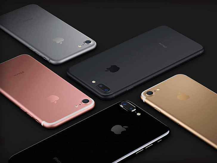 five rose gold, silver, gold, jet black, and black iPhone 7's, iphone 7, apple, smartphone, HD wallpaper