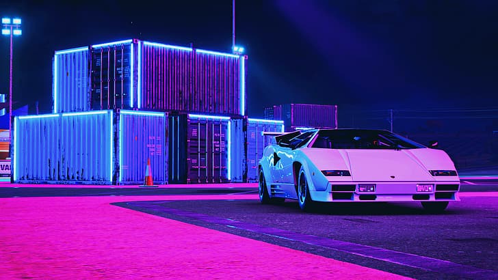 video game, Forza, Forza Horizon 5, mobil, kendaraan, Lamborghini, Lamborghini Countach, 1980-an, kontainer, gelap, malam, biru, berwarna merah muda, Wallpaper HD