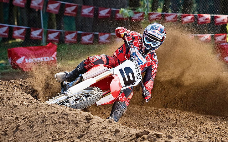 Motocross HD, red and white motocross dirt bike, sports, motocross, HD wallpaper