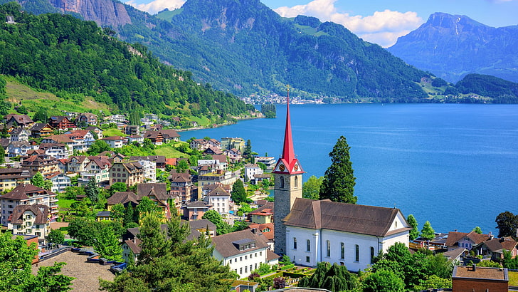 gölü lucerne, gökyüzü, dağ köyü, avrupa, kilise, kilise, dağ gölü, turizm, İsviçre, isviçre, sahil, göl, dağ, su, dağ, HD masaüstü duvar kağıdı
