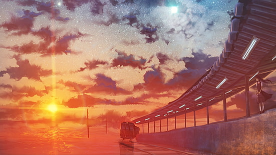 Anime, oryginał, dziewczyna, gwiaździste niebo, zachód słońca, pociąg, Tapety HD HD wallpaper