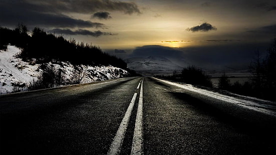 zima, zachód słońca, wieczór, droga, niekończące się, asfalt, niebo, Tapety HD HD wallpaper