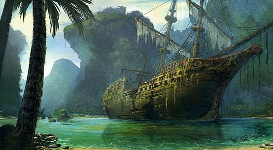 illustration av skeppsbrott, skepp, fantasikonst, vrak, konstverk, HD tapet HD wallpaper