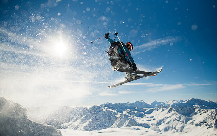 Sky jump, giacca blu da uomo e pantaloni neri, sentieri, neve, sport, Sfondo HD