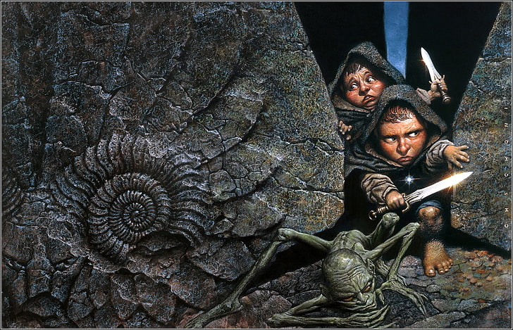 dwarfs between stones artwork, Oscar Chichoni , artwork, The Lord of the Rings, fantasy art, Gollum, HD wallpaper