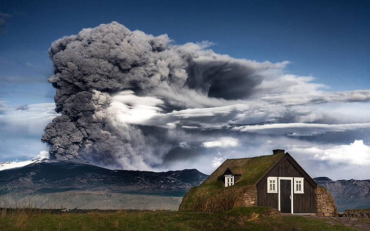 cobertizo marrón, Islandia, erupción, montañas, volcán, Fondo de pantalla HD