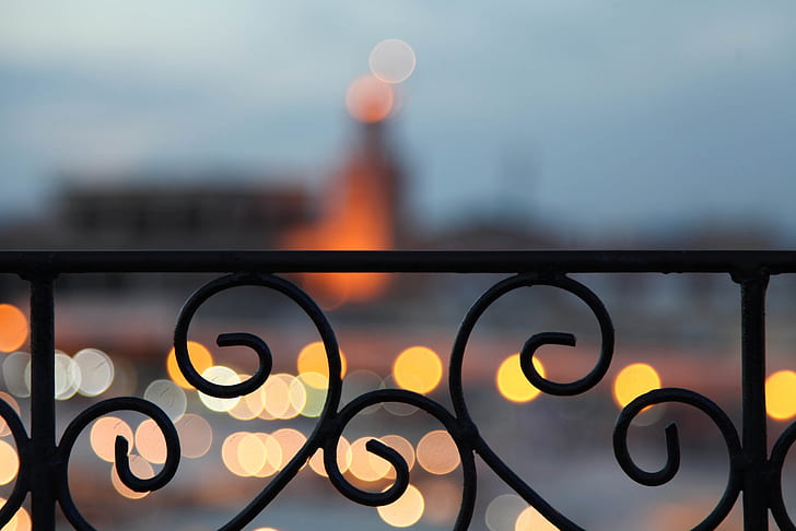 the city, lights, the evening, fence, balcony, bokeh, Morocco, Of Africa, Marrakech, HD wallpaper