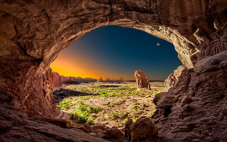 brown rock formation, empty brown cave, nature, landscape, Moon, Arches National Park, desert, rock, sunrise, HD wallpaper