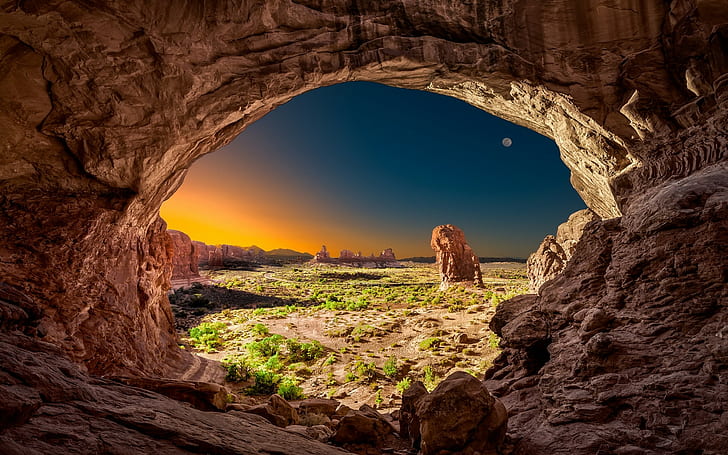 rock, Arches National Park, Moon, desert, sunrise, landscape, nature, HD wallpaper