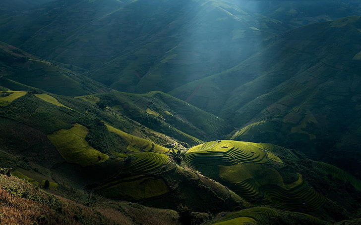 green mountain, mountains, Vietnam, sunlight, landscape, sun rays, terraces, rice paddy, nature, green, valley, HD wallpaper
