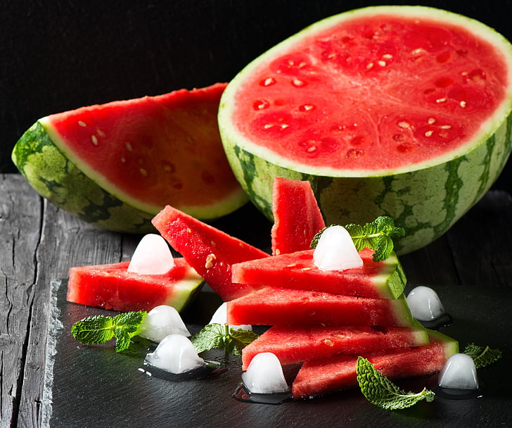 food, melons, watermelons, ice cubes, mint leaves, HD wallpaper