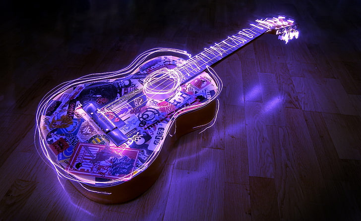 Guitar, Creative Art, acoustic guitar neon light, Music, Creative, creative art, HD wallpaper