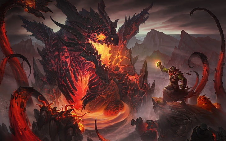 игровые цифровые обои, дракон, орки, горы, World of Warcraft, Thrall, Deathwing, World of Warcraft: Cataclysm, видеоигры, HD обои