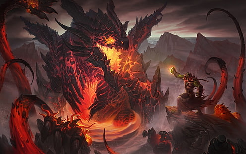 game digital wallpaper, dragon, orcs, mountains, World of Warcraft, Thrall, Deathwing, World of Warcraft: Cataclysm, video games, HD wallpaper HD wallpaper