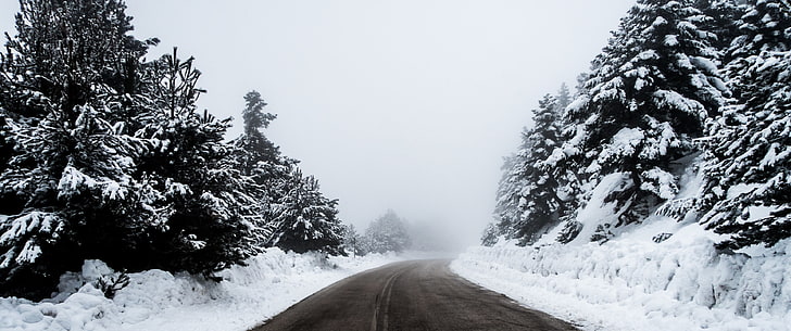 ultrawide, snow, road, HD wallpaper