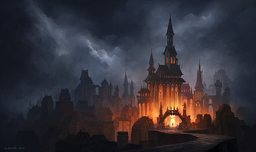 artistic, castle, cloud, dark, fantasy, fire, gothic, HD wallpaper HD wallpaper