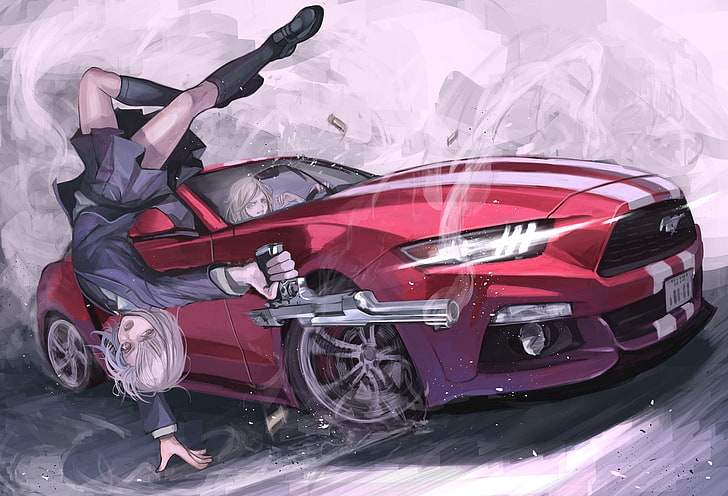 красно-белый Ford Mustang с анимированным персонажем с белыми волосами, аниме, аниме девушки, короткие волосы, седые волосы, пистолет, оружие, Ford Mustang, автомобиль, стойка на руках, HD обои