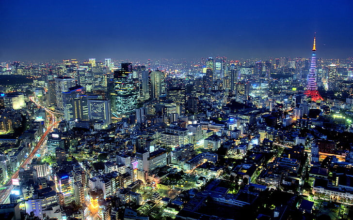 منظر ليلي لطوكيو ، المدينة الأكثر اكتظاظًا بالسكان في العالم 13.62 مليون نسمة في عام 2016 ، هنا مقر إمبراطور اليابان والحكومة اليابانية، خلفية HD