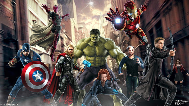 The Avengers, Avengers: Age of Ultron, Black Widow, Captain America, Hawkeye, Hulk, Iron Man, Quicksilver (Marvel Comics), Scarlet Witch, Thor, Vision (Marvel Comics), HD тапет