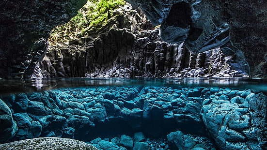 вода, природа, пещера, скала, подводный, круто, кристально чистая вода, удивительно, морская пещера, Занзибар, Танзания, пейзаж, красиво, дерево, HD обои HD wallpaper