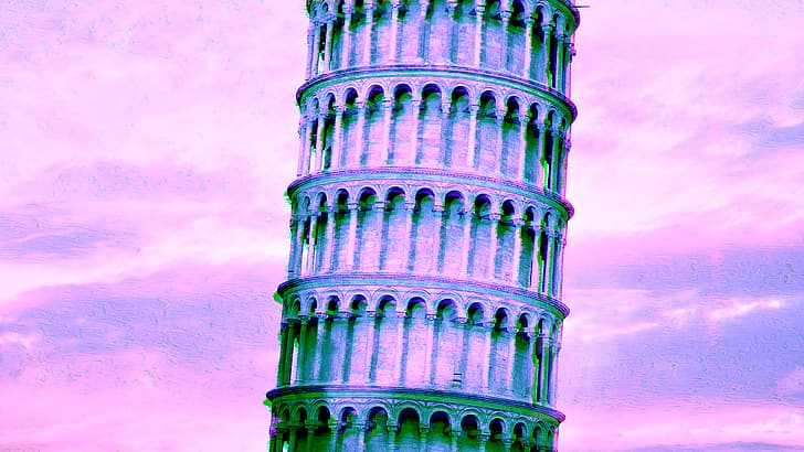 глит-арт, Пизанская башня, пурпурный, паровая волна, HD обои