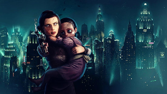 kobieta niosąca dziewczynę cyfrową tapetę, BioShock, BioShock Infinite, Rapture, Little Sister, gry wideo, Elizabeth (BioShock), Tapety HD HD wallpaper