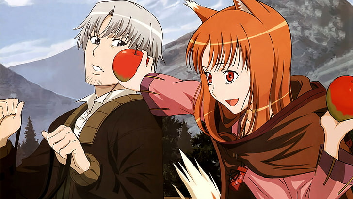 two anime characters, anime, Spice and Wolf, Holo, Lawrence Craft, apples, HD wallpaper