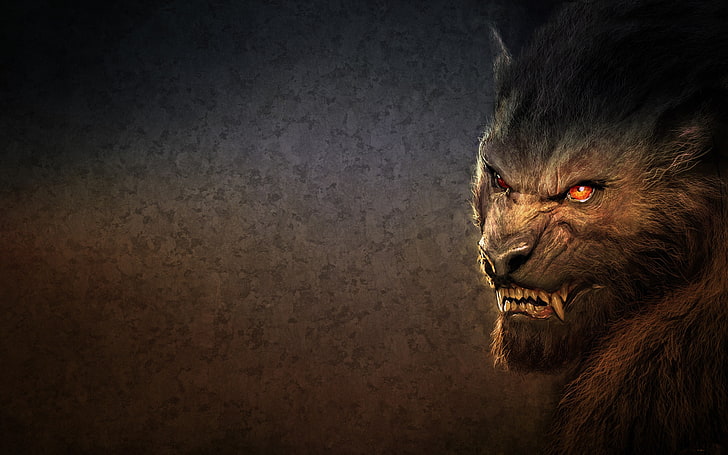brown animal illustration, BACKGROUND, LOOK, WOOL, MOUTH, FACE, FANGS, HEAD, EARS, WOLF, BEING, WEREWOLF, HD wallpaper