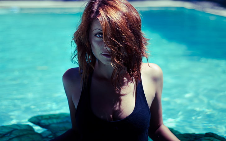 dyed hair blue eyes black clothing photo manipulation redhead swimming pool tank top hair in face sierra love, HD wallpaper