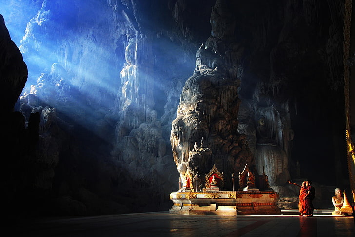 красный костюм касая, природа, пещера, монахи, буддизм, скала, Мьянма, азия, будда, статуя, храм, солнечные лучи, дети, HD обои