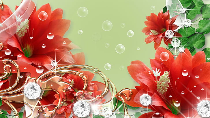 Духащи мехурчета, червени цветя, мехурчета, диаманти, листа, цветя, вихри, злато, лято, бижута, 3d и абстрактни, HD тапет