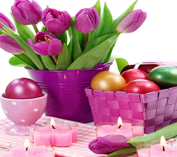 purple tulip arrangement, easter, holiday, eggs, tulips, candles, basket, HD wallpaper