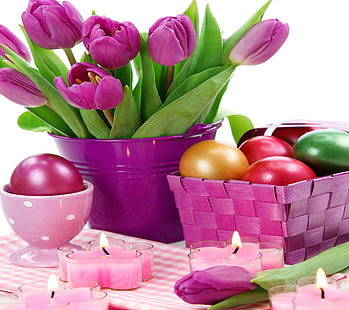 fioletowe tulipany, wielkanoc, wakacje, jajka, tulipany, świece, kosz, Tapety HD HD wallpaper