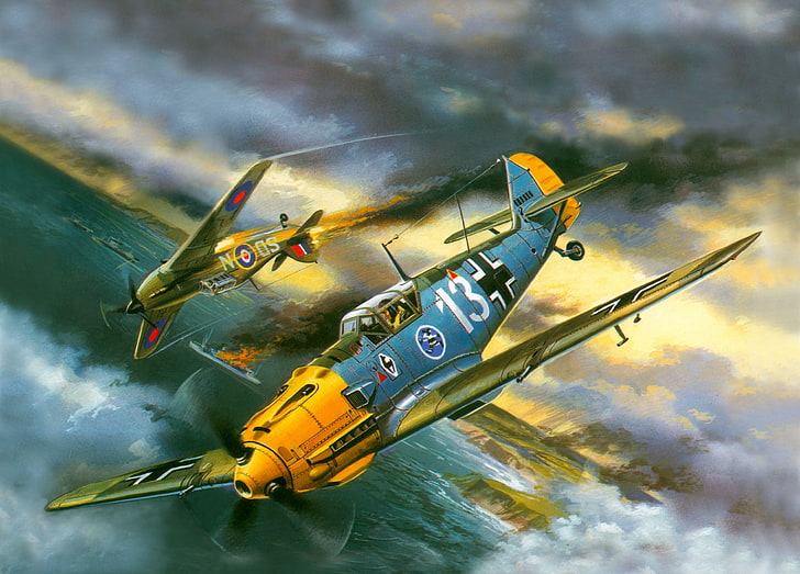 Abbildung mit zwei gelb-blauen Kampfflugzeugen, Messerschmitt, Messerschmitt Bf-109, Zweiter Weltkrieg, Deutschland, Militärflugzeug, Luftwaffe, Hawker Hurricane, HD-Hintergrundbild