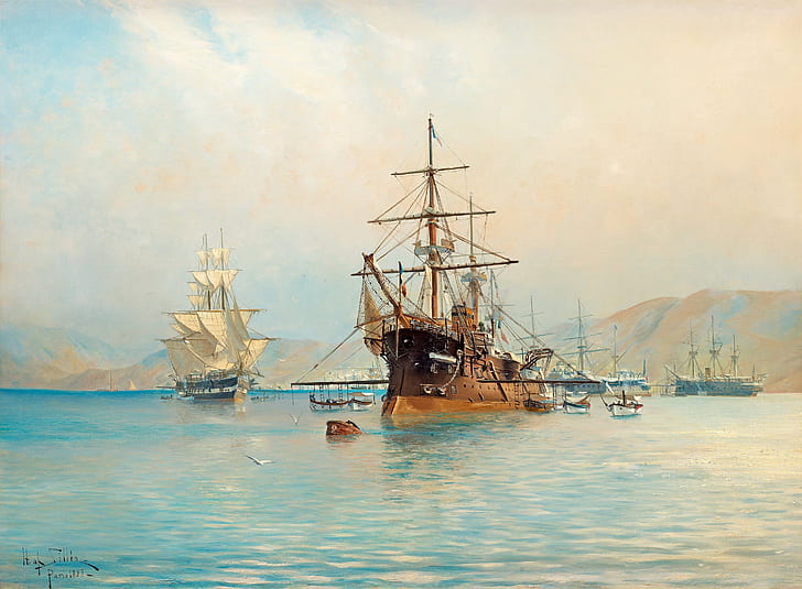 colinas, mar e navios, Herman Gustaf AF Sillen, fragata francesa, ao largo da costa da Riviera Francesa, HD papel de parede