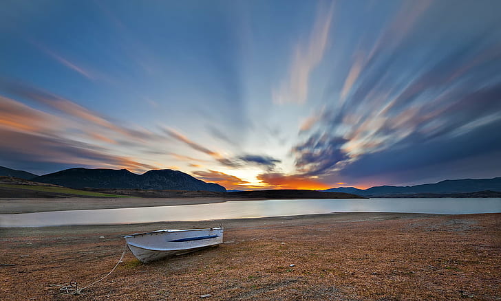 blue sky photography, Silent, boat, blue sky, photography, clouds, waterscape, long  exposure, Nikon  D700, βάρκα, sunset, weather, water, lake, night, nature, mountain, landscape, outdoors, sky, scenics, summer, beauty In Nature, sunrise - Dawn, HD wallpaper