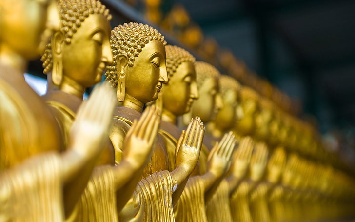 Lotto di statue di Buddha in acciaio color oro, Buddha d'oro, Buddha, profondità di campo, sfocato, fotografia, macro, oro, Sfondo HD